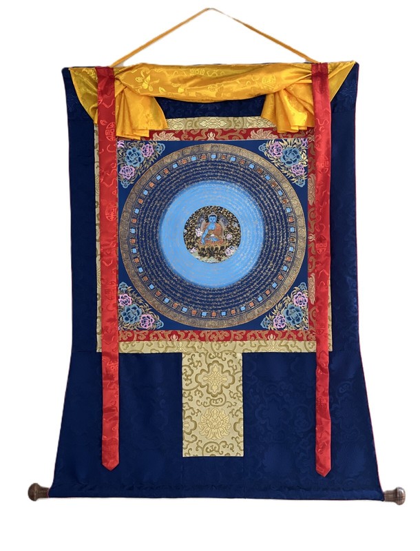 MEDICINE BUDDHA MANTRA MANDALA ORIGINAL TIBETAN THANGKA PAINTING WITH SILK FRAME