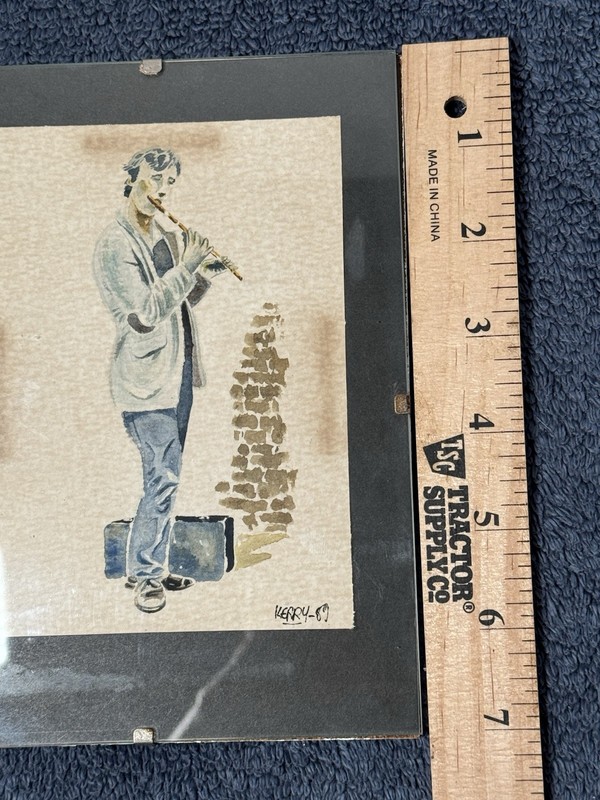 WATER COLOR OF A MAN PLAYING FLUTE SIGNED BY KERRY 80s ART HANGING gallery