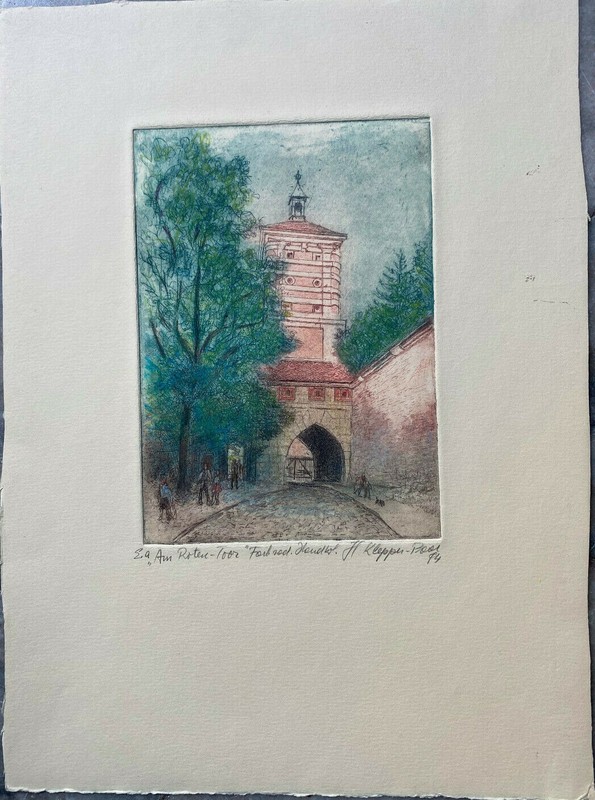 Colored Etching at the Red Gate Augsburg Old Town Signed Dated Rare