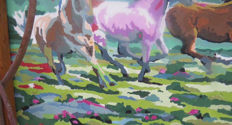UNIQUE RUSTIC TWIG FRAMED PAINTING ON CARDBOARD OF RUNNING HORSES gallery
