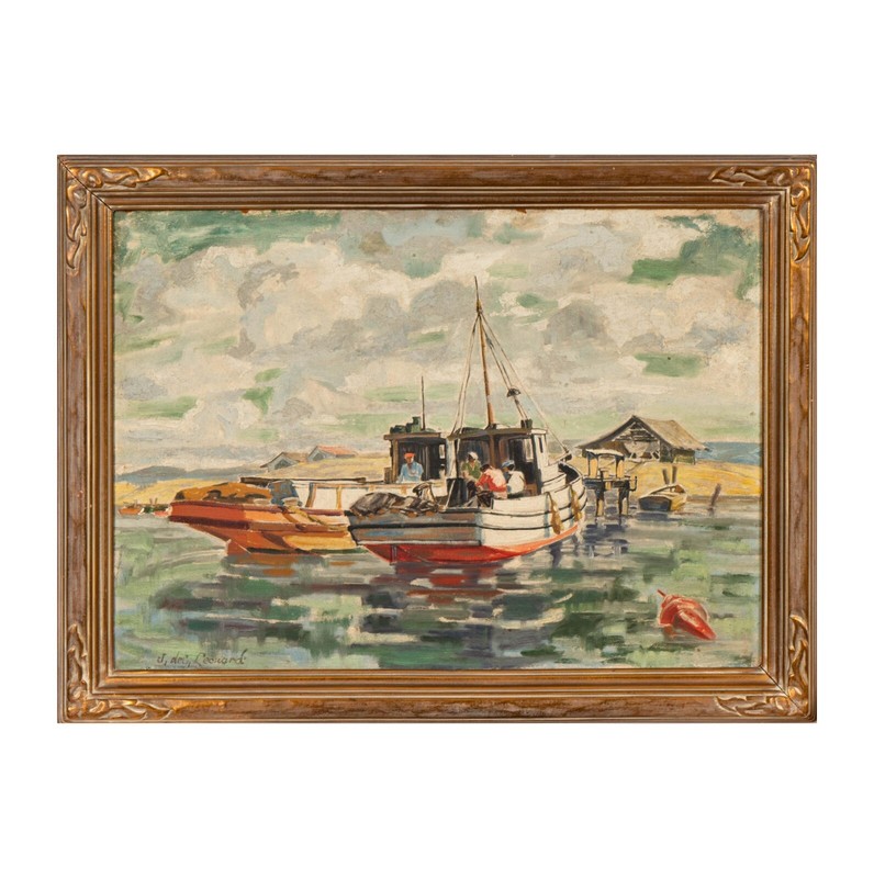 JACOBUS P.F. LEONARD (1880-1924) Men in Boats by Whorf Double Sided oil painting