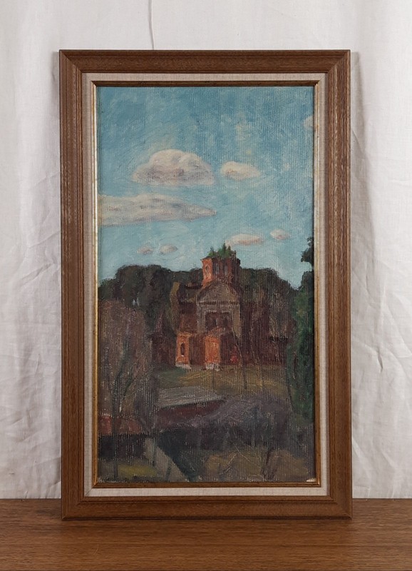 Historic Brick Church, Vintage Original Oil Painting, Artist Khodyakov