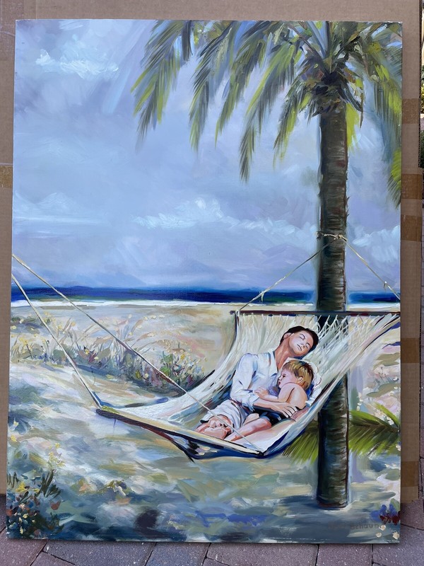 Hammock moment Father & Son » Midday Rest Time» Original Painting 30×40 canvas