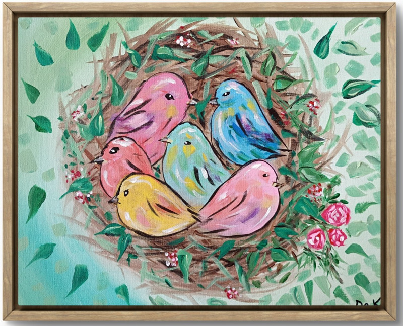 Baby Bird Nest 11×14 Canvas Original Art Expressionism Abstract Cute Birds Nest