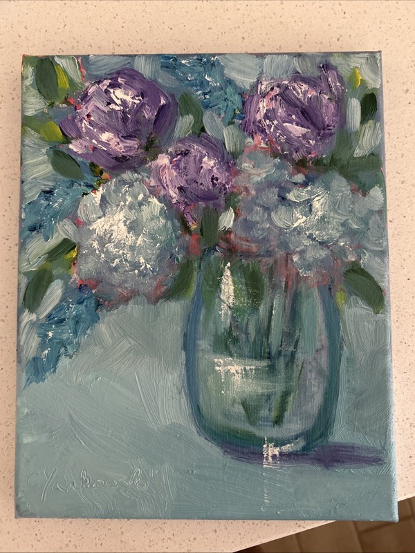 oil paintings original blue Rose Hydrangea Flowers Still Life Green Calm Vase gallery