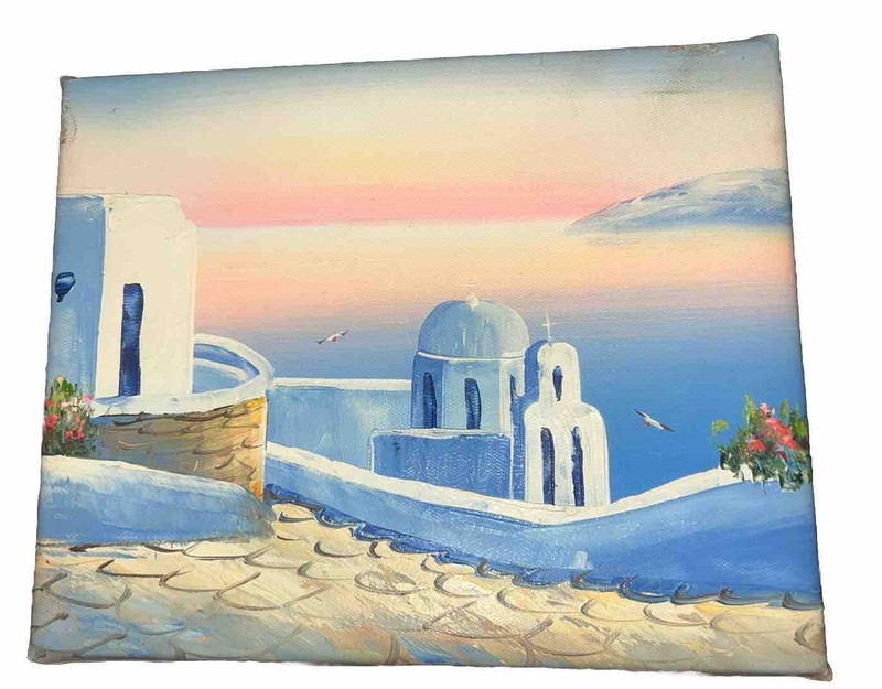 Modern Contemporary Greek Landscape Flowers Canvas 8”T 10”W Unsigned #1of3