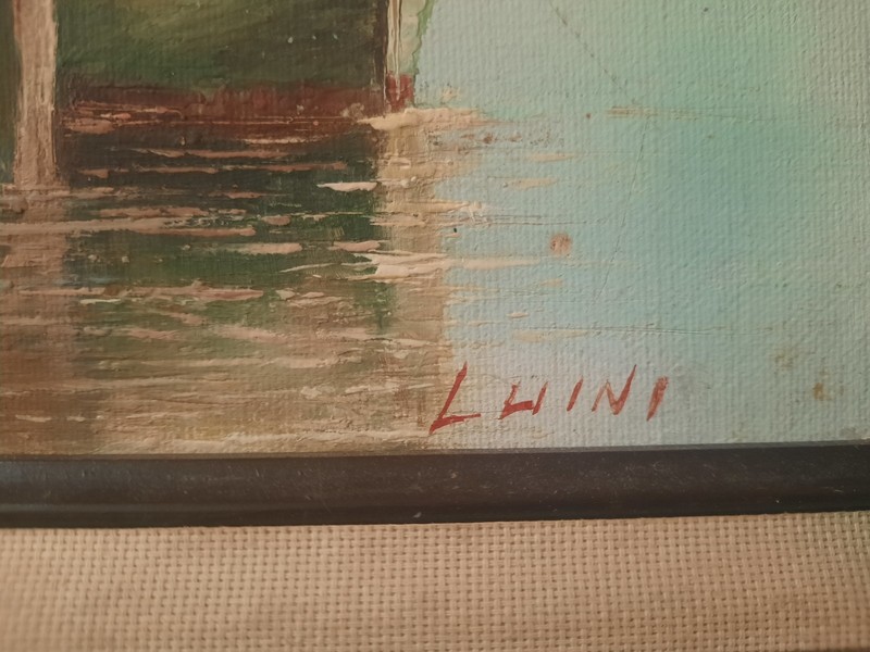 NICELY FRAMED ORIGINAL JOHN LUINI OIL ON CANVAS SEASIDE FISHING VILLAGE PAINTING gallery
