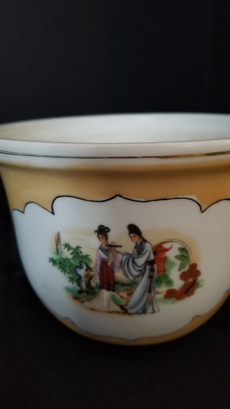Asian Ceramic Planter, Orange Lustre Cachepot. Painted on Side with Calligraphy. gallery