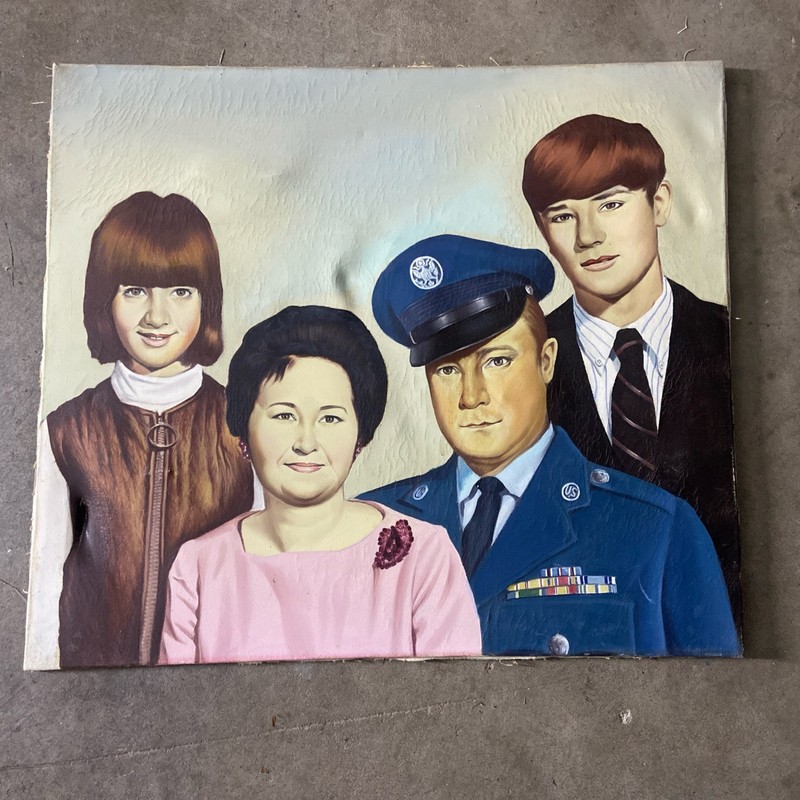 Vintage Military Family Portrait Original Artist Unknown Damaged 21”x 24”