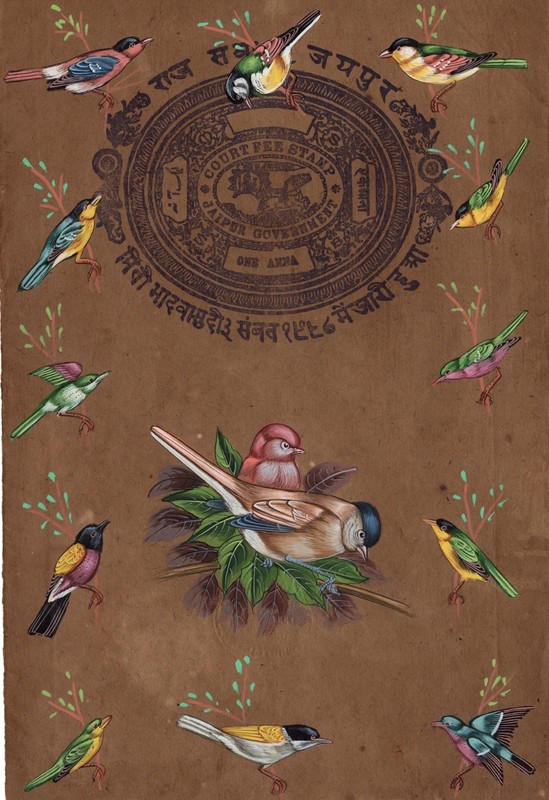 Indian Sparrow Birds Miniature Painting Stamp Paper Handmade Watercolor Folk Art
