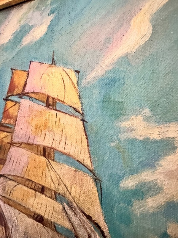 Framed Sailboat Seascape Oil Painting on Canvas Maritime Wall Art 16x12.5 gallery