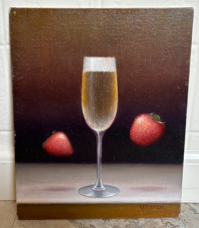 Robin Wessman Signed Original Oil Painting Champaign Strawberries Cape Cod 8×10