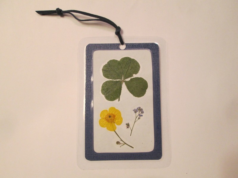 Four Leaf Clover and Wildflower Bookmark- Blue – Handmade by Ann Kelly