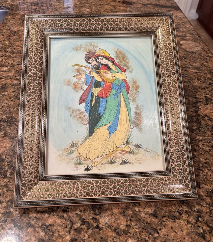 Vintage Persian Painting Of Lovers Scene Khatam Kari Inlaid Frame SIGNED