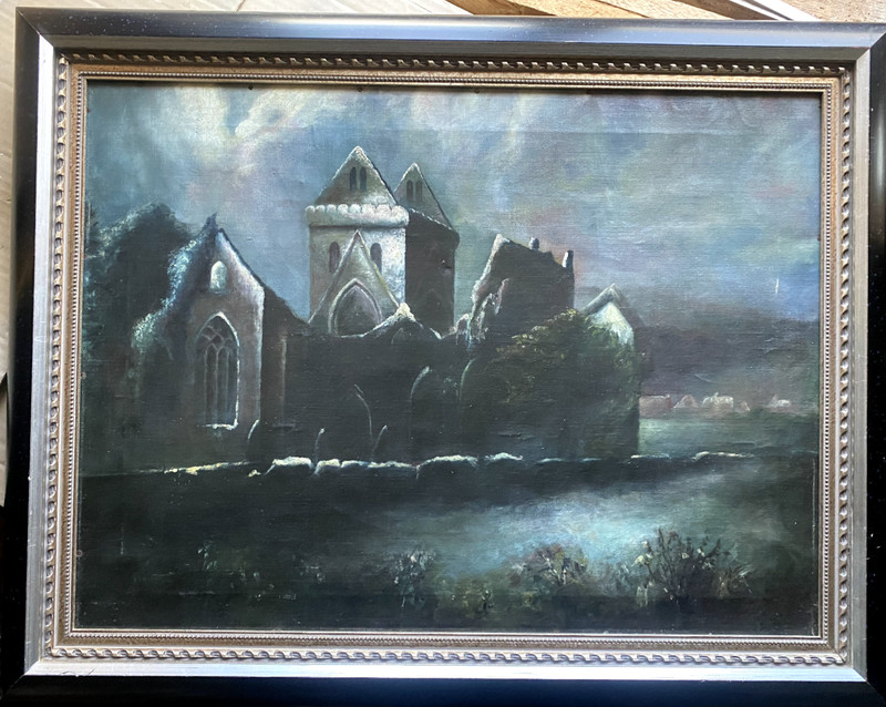 ::OIL PAINTING ROMANTICS CASTLE CASTLE SWEETHEART ABBEY DUMFRIES C.1870 ANTIQUE SIGN