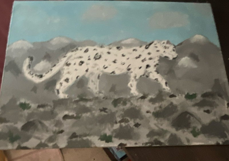 Snow Leopard Mountain Landscape Impressionist Handmade Acrylic Painting on Canv…