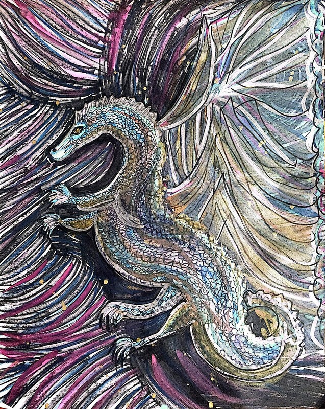 Gray Dragon Abstract Folk Art 11×14 Watercolor On Paper