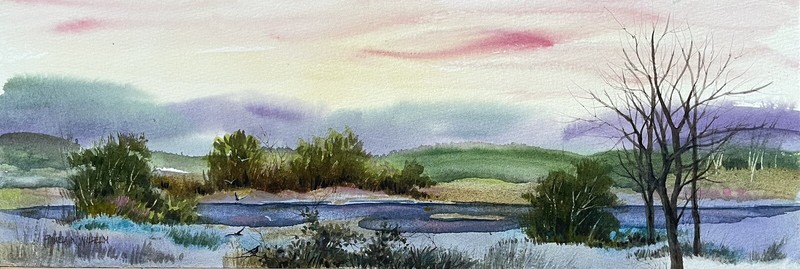 15”x5” Original Watercolor Pamela Wilhelm Montana River Vista Morning Light