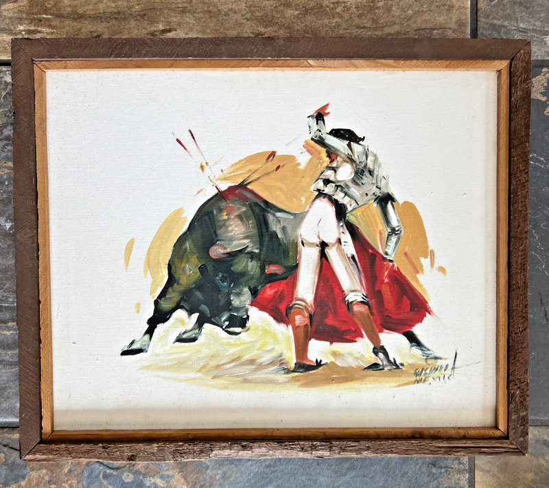 VTG MCM SIGNED ORIGINAL MATADOR BULL FIGHTING PAINTING by ARTIST CALINDOR MEXICO