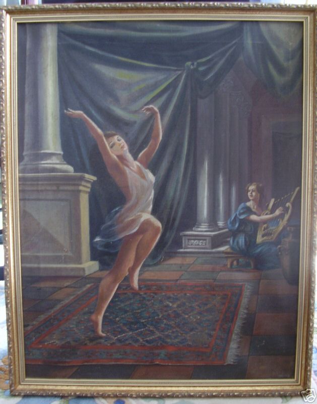 Classical Temple Dance Semi Nude c 1930s Oil Painting