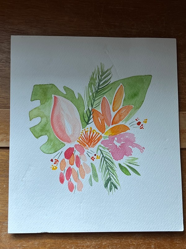 Original Watercolor Painting of Orange & Pink w Tropical Leaves Botanical Pictur