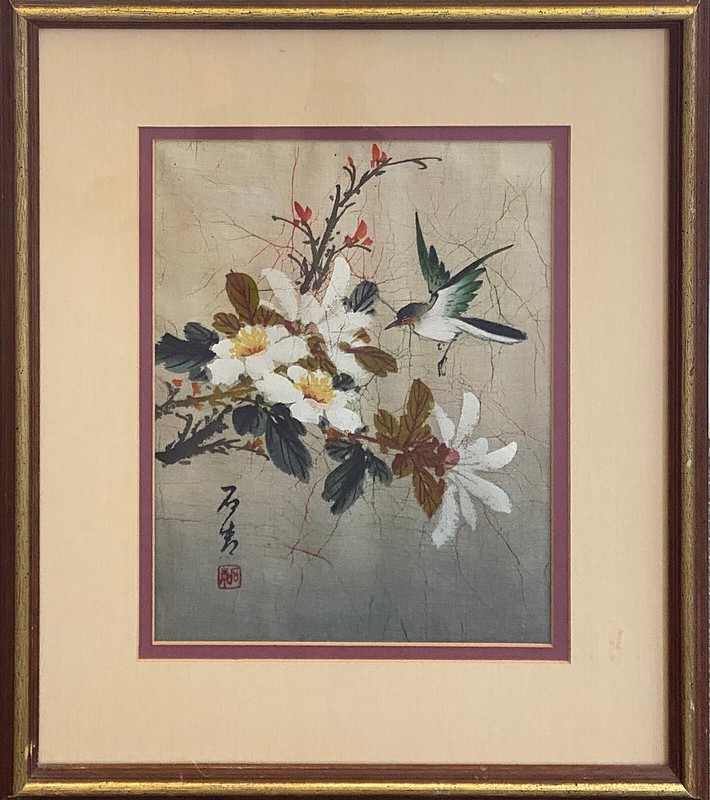 P. Chan Paul Chan Batik Linen Painting Bird Floral Signed Chinese c.1940s-1950s