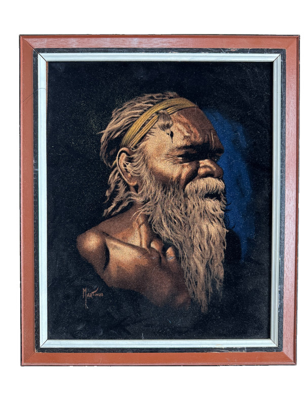 Striking Vintage Framed Velvet Painting Aboriginal Tribal Man signed by Martinus