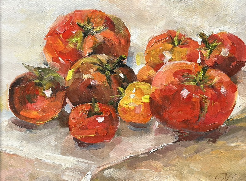 Tomato original oil painting a day, still life signed, fruit 8×10, 2022