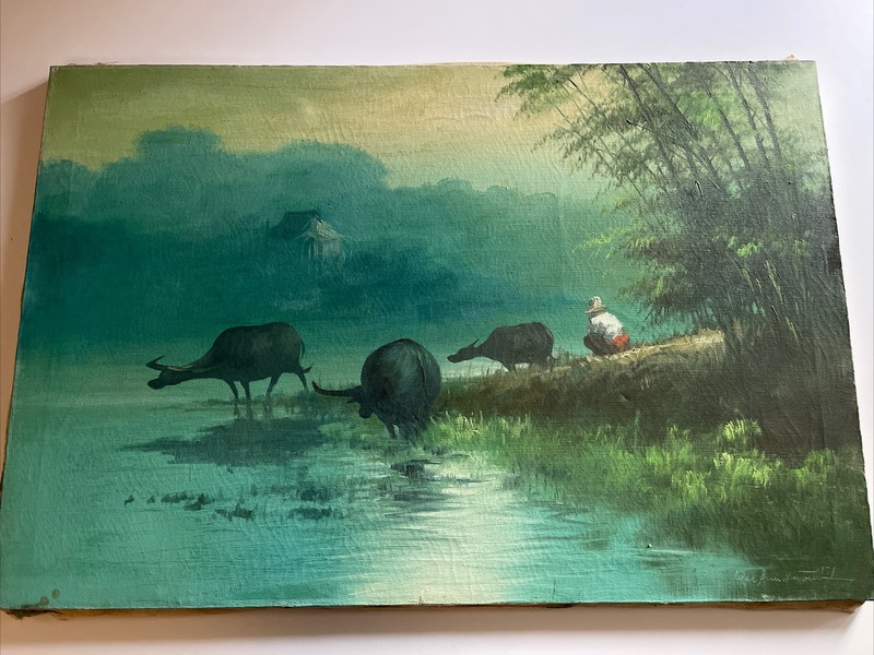Cesar Buenaventura Painting Landscape Farm Farmer Cattle Filipino Listed Large