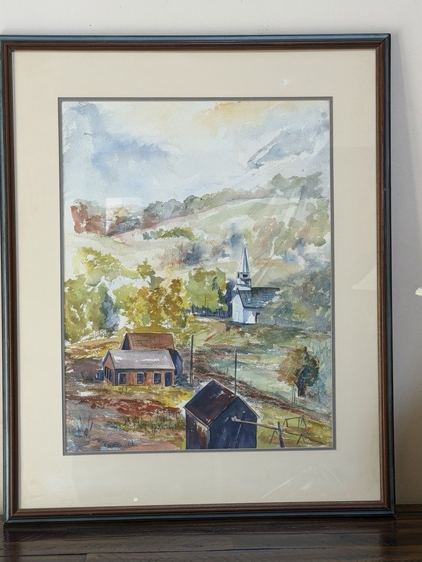 Vtg Framed Country Church Landscape Watercolor Painting Unsigned Local Artist