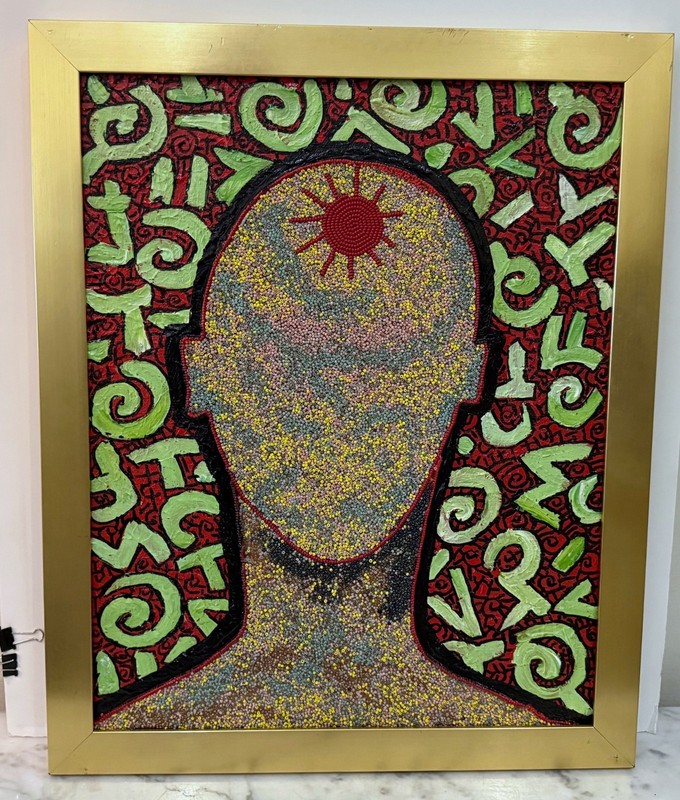 NIGERIAN ARTIST LANRE BURAIMOH – ACRYLIC AND BEADS ON BOARD – SIGNED WITH COA