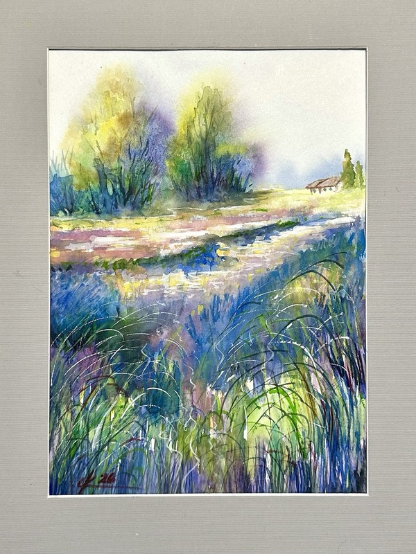 Lavender Field Farm Watercolor Painting Provence Landscape Artwork Original Art gallery