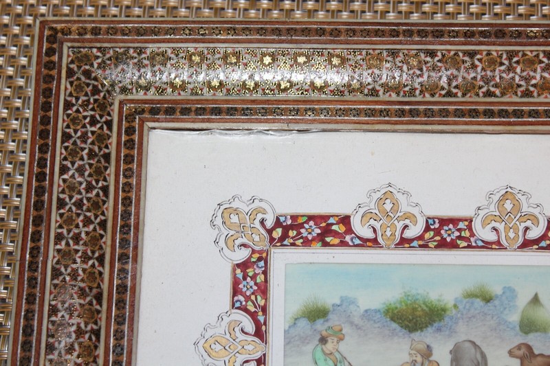 Middle Eastern Painting Men Herding Cows Village Signed Custom Inlay Frame gallery