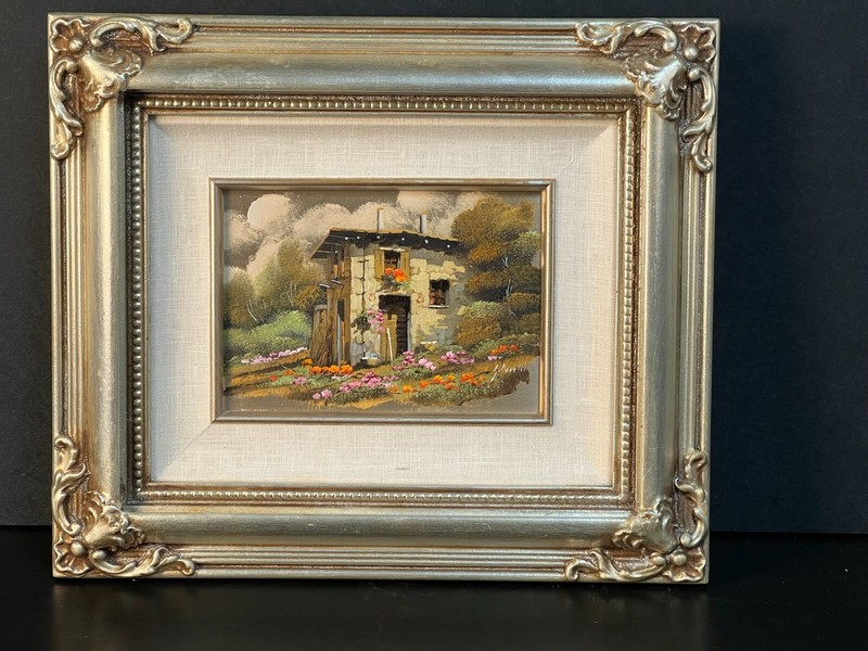 GUIDO BORELLI, Oil Painting on Silver Plate, Italian Countryside, Signed & Frame