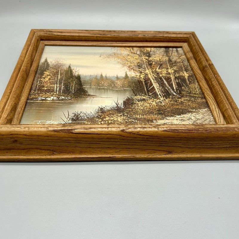 Vintage Original Oil Painting Autumn Woodland Lake Scene Signed 12x10 Framed gallery