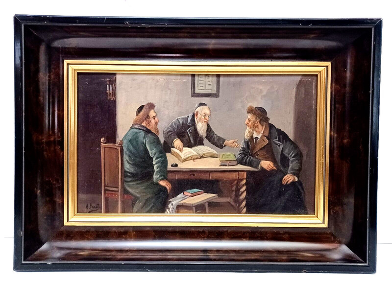 ANTIQUE O/C 3 RABBIS DISCUSS SCRIPTURE LISTED? JUDAICA ARTIST A PARAT SIGNED