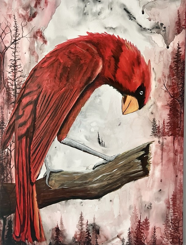 Red Cardinal Bird on Branch Painting – Modern Wildlife Nature Animal Art