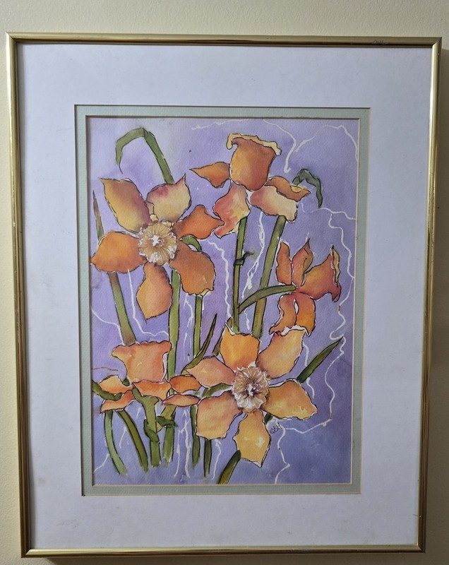 Original Watercolor Daffodil Painting Signed And Framed & Matted