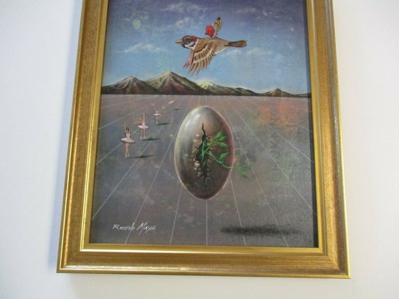 RICARDO MAYA AUTHENTIC ORIGINAL PAINTING SURREALISM BIRD LANDSCAPE DALI STYLE gallery