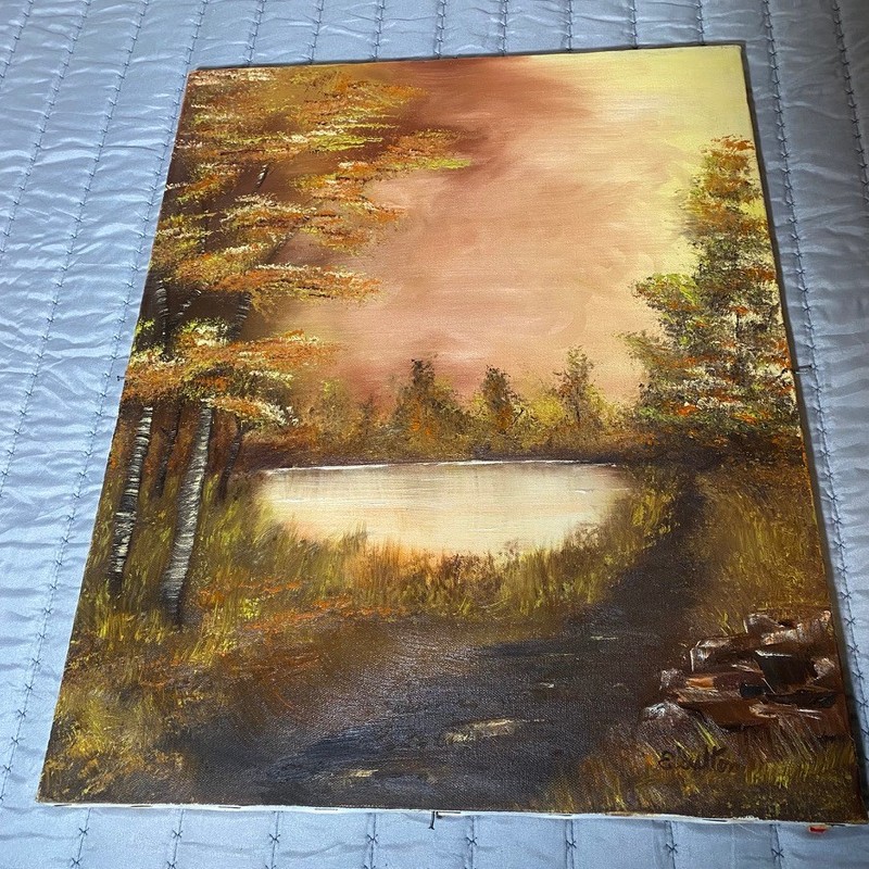 E Sutton Signed Oil Painting 20×16 Autumn Lake Landscape Fredrix Canvas