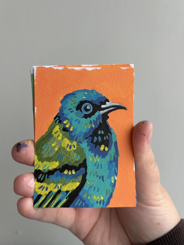 Abstract Green Honey Creeper Bird ACEO ATC Original Acrylic Marker 2.5×3.5in