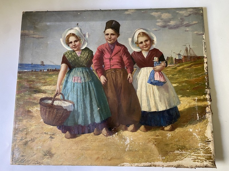 Antique Dutch Children Doll Windmill Beach Sea Scene Unknown Artist Oil Painting