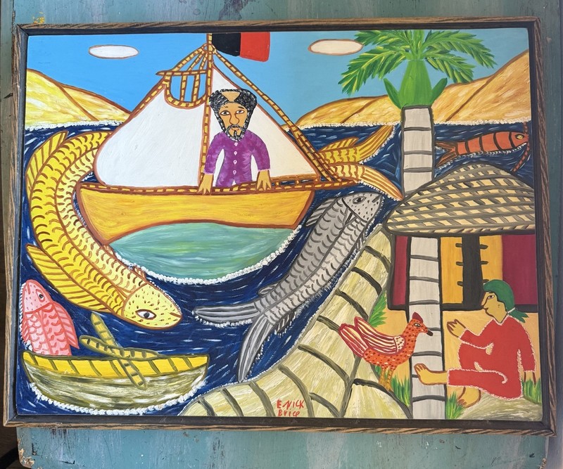 Painting On Board By Enick Brice Caribbean Folk Art Gift Bold Colors Fish Boats
