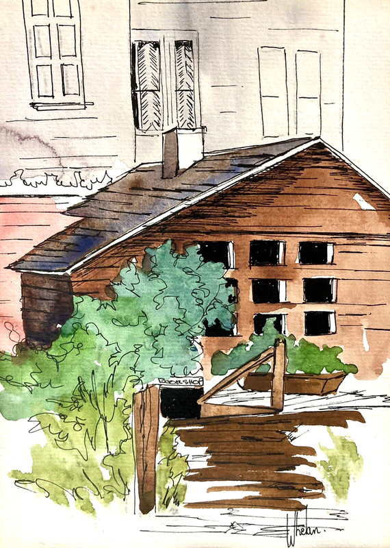 Retro Mendocino California Bookstore Architecture Watercolor 60s MCM Art Houses