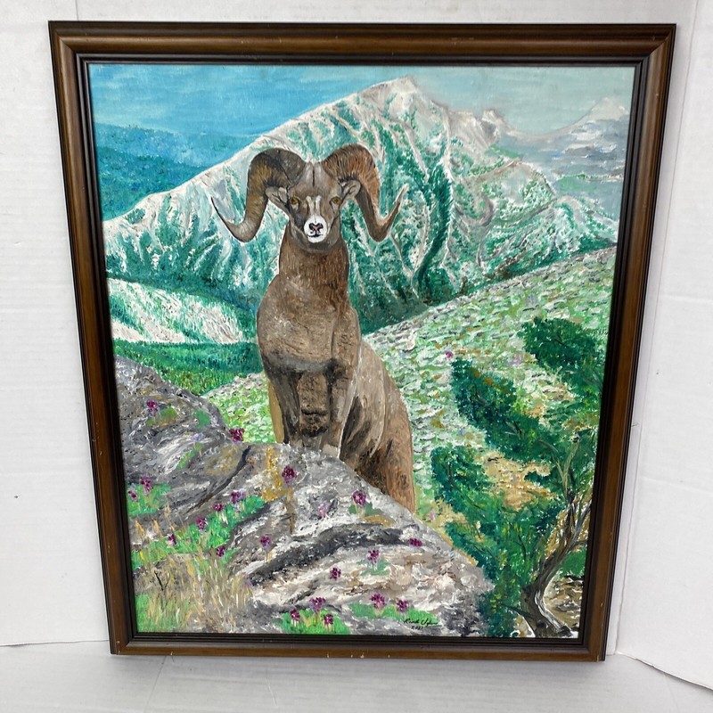Ram in the Mountains Painting by Rick U 2021 Vintage Framing 26 x 22 Wall Hanger