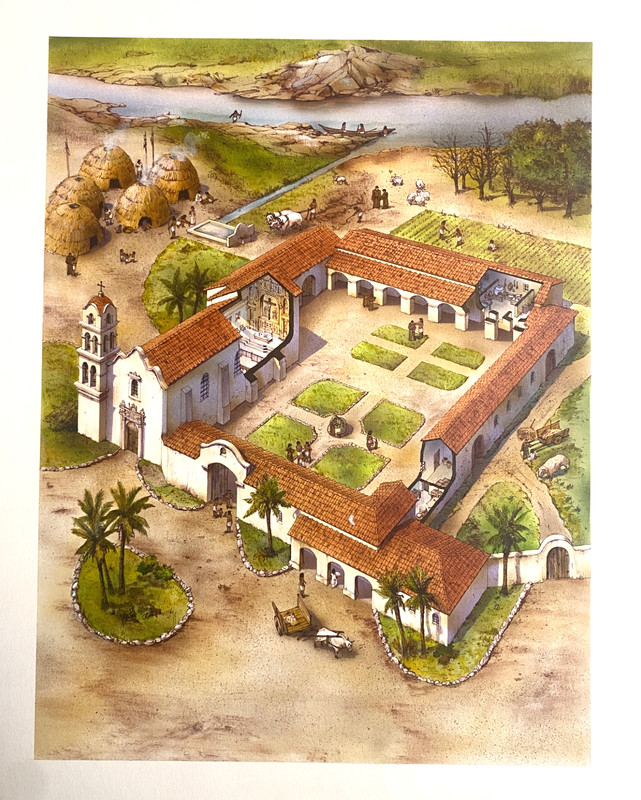 Original Pen & Ink Art of a California Spanish Mission with Cutaways mid 1700s.