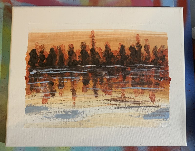 8 X 10 Inch Shortiez Ink Acrylic Painted Canvas Painting Art Lake Side Water