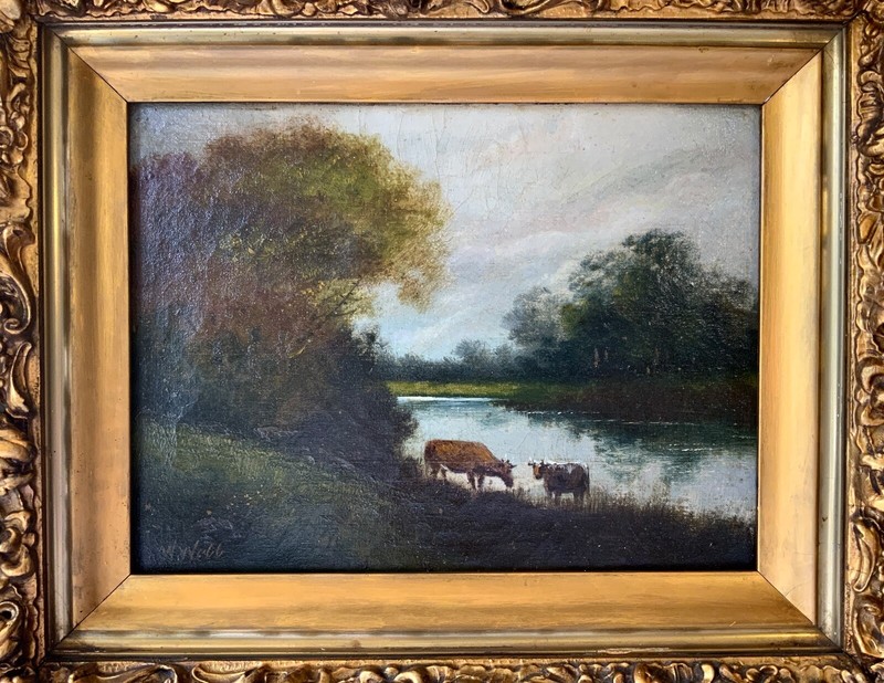 19th Century English Oil Painting Cows by Lake Landscape Signed W.Webb gallery