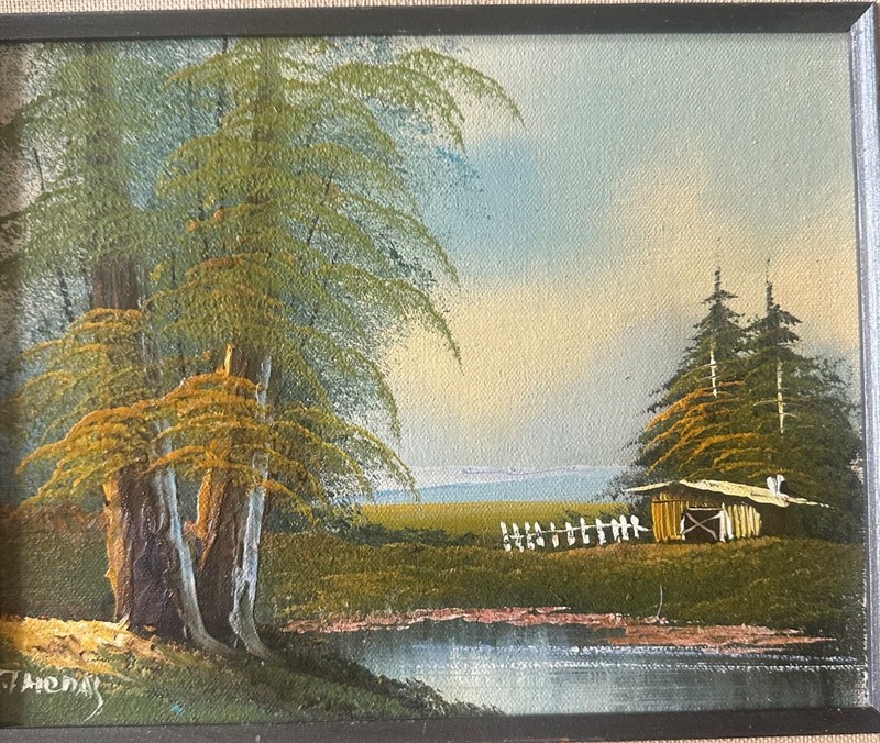 Vintage Framed Mountain Lake Landscape Oil Painting Signed Reno Cabin Scene MCM