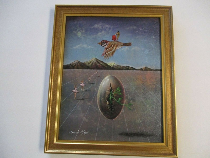 RICARDO MAYA AUTHENTIC ORIGINAL PAINTING SURREALISM BIRD LANDSCAPE DALI STYLE gallery